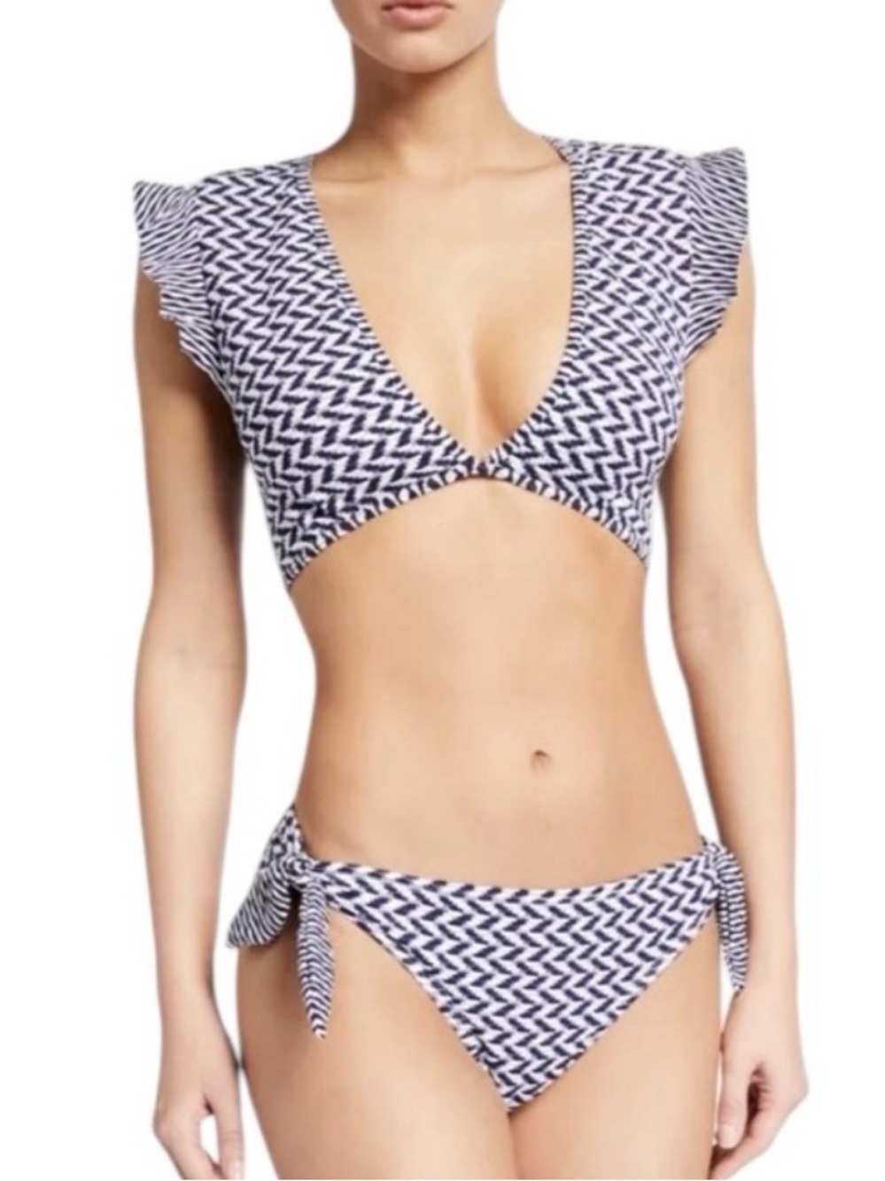 NWT Shoshanna Deep V Chevron Blue 2pc Bikini Top B/C cup Bow Side Bottom Size L